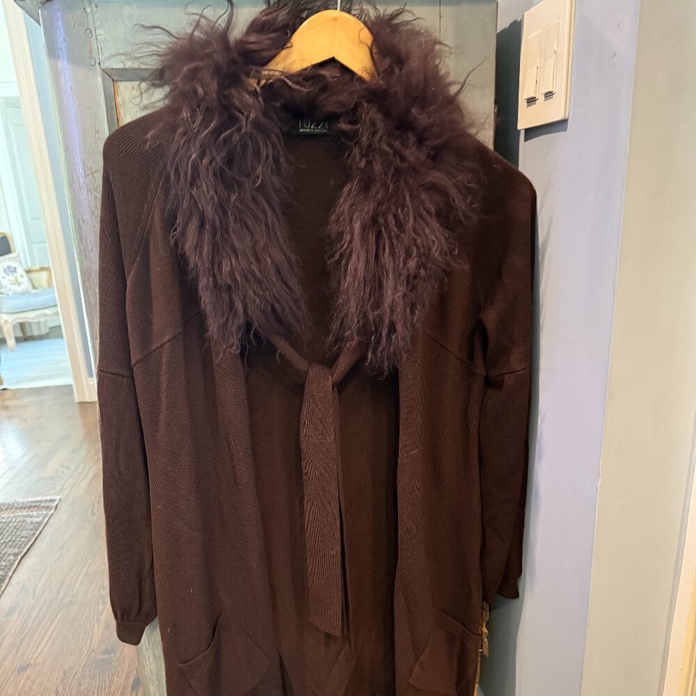 Tuzzi Brown Cardigan Sweater with a Faux Fur Collar Size M 100% Wool